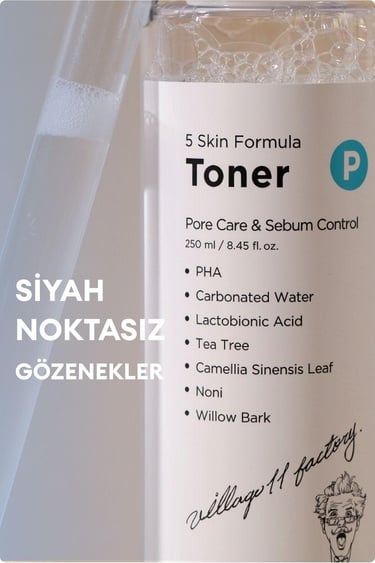  Village 11 Factory P Skin Formula Toner 250ml - Siyah Nokta & Akne Karşıtı, Gözenek Sıkılaştırıcı Arındırıcı PHA & Çay Ağacı Tonik