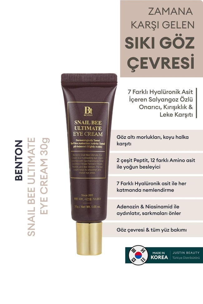  Benton Snail Bee Ultimate Eye Cream 30g - Morluk, Koyu Halka, Göz Altı Torba Karşıtı Kırışıklık Önleyici Salyangoz Özlü Göz Kremi