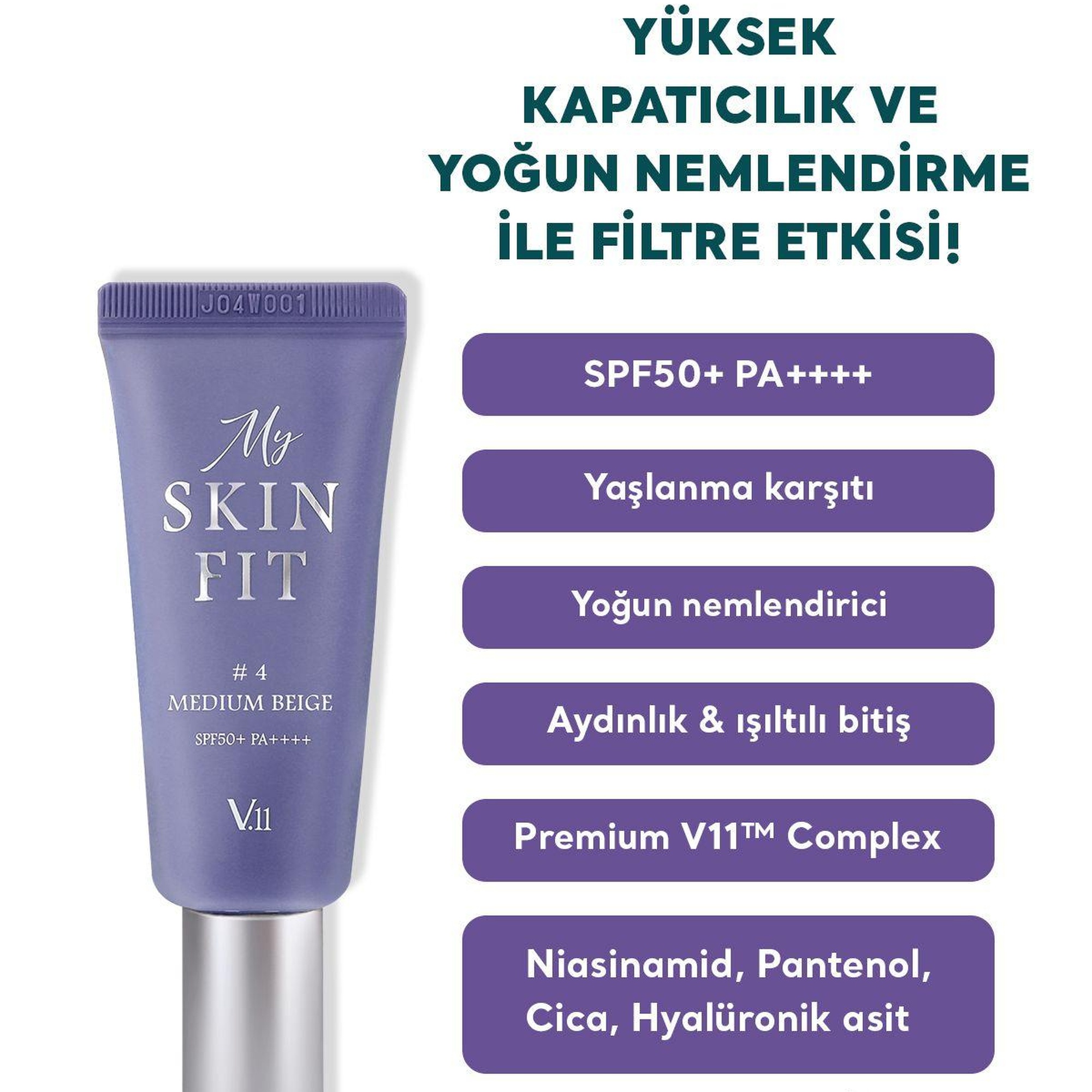 Village 11 Factory My Skin Fit BB Cream SPF 50+ PA++++ #4 Medium Beige 20ml - Hyalüronik Asit & Cica BB Krem