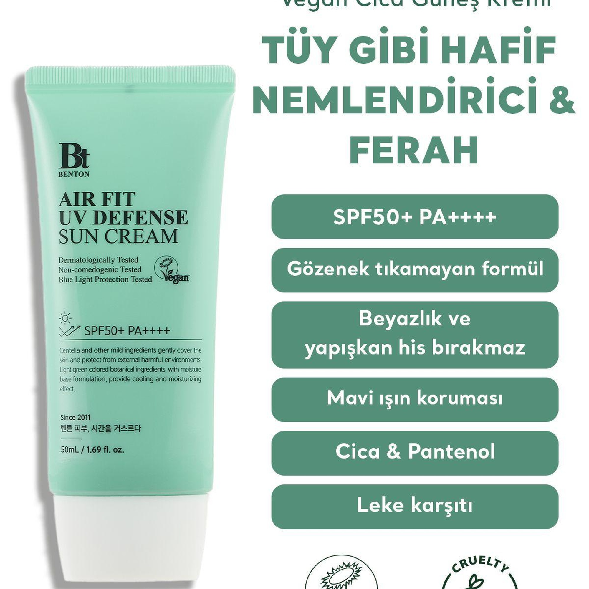 Benton Air Fit UV Defense Sun Cream SPF50+ PA++++ 50ml - Güçlü UV & Mavi Işık Yüksek Korumalı Nemlendirici Vegan Cica Güneş Kremi