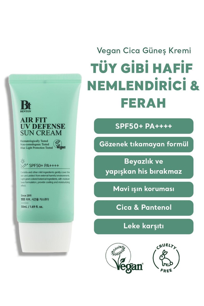  Benton Air Fit UV Defense Sun Cream SPF50+ PA++++ 50ml - Güçlü UV & Mavi Işık Yüksek Korumalı Nemlendirici Vegan Cica Güneş Kremi