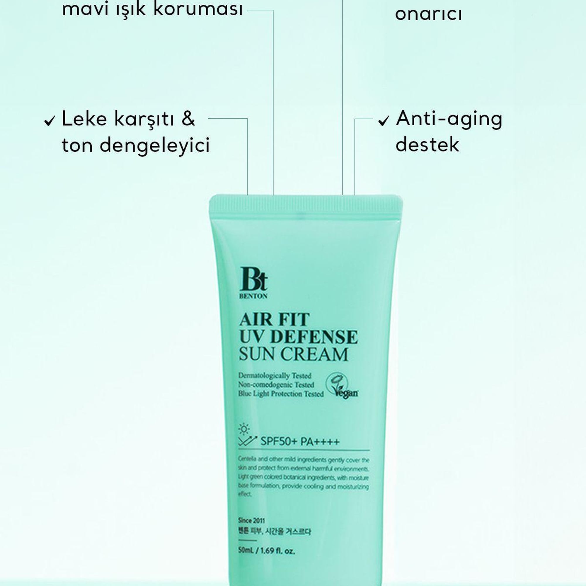 Benton Air Fit UV Defense Sun Cream SPF50+ PA++++ 50ml - Güçlü UV & Mavi Işık Yüksek Korumalı Nemlendirici Vegan Cica Güneş Kremi