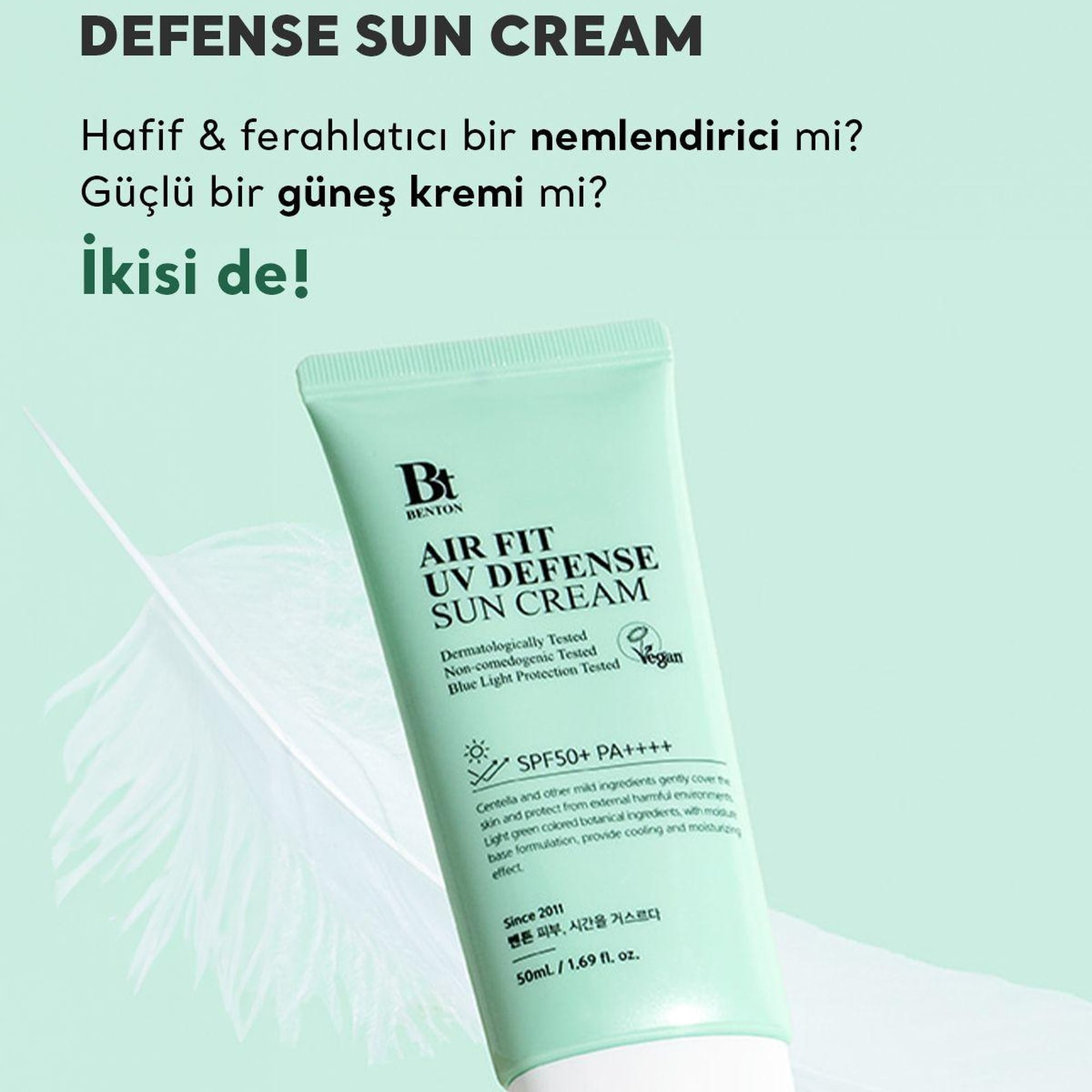 Benton Air Fit UV Defense Sun Cream SPF50+ PA++++ 50ml - Güçlü UV & Mavi Işık Yüksek Korumalı Nemlendirici Vegan Cica Güneş Kremi