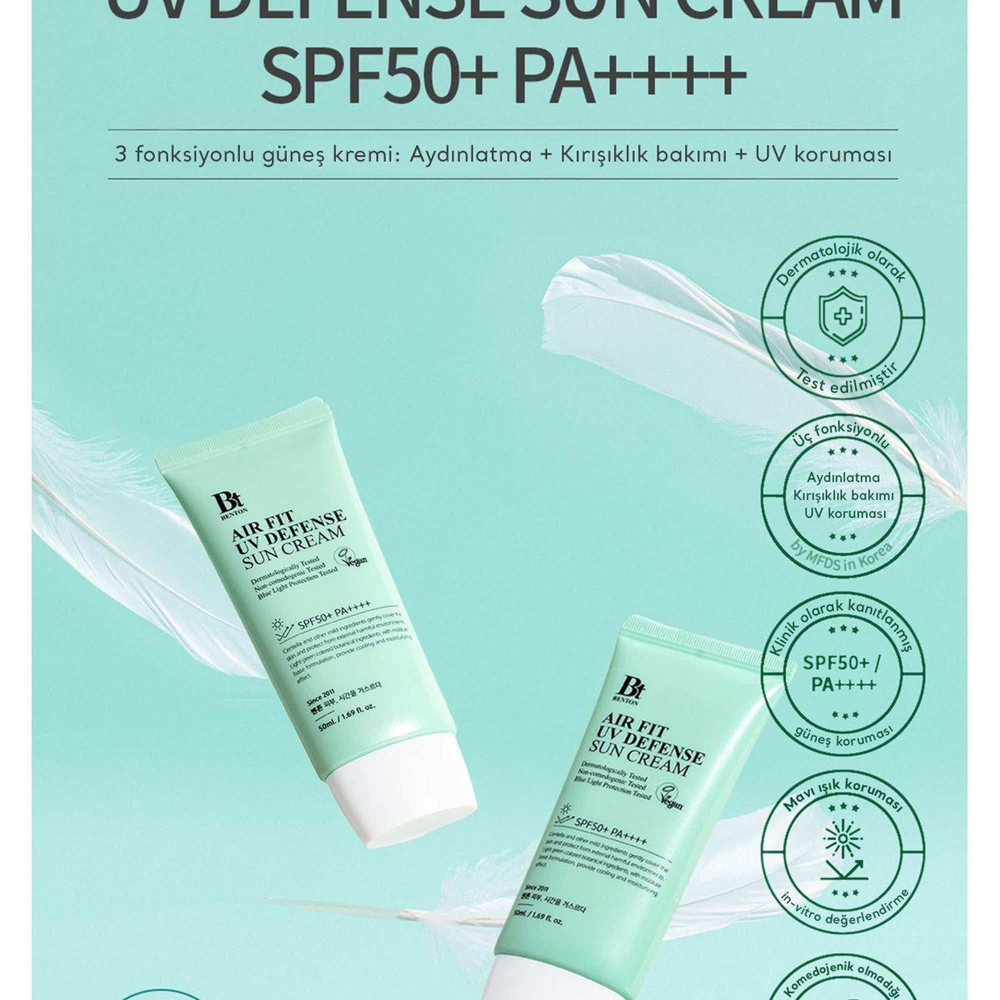 Benton Air Fit UV Defense Sun Cream SPF50+ PA++++ 50ml - Güçlü UV & Mavi Işık Yüksek Korumalı Nemlendirici Vegan Cica Güneş Kremi