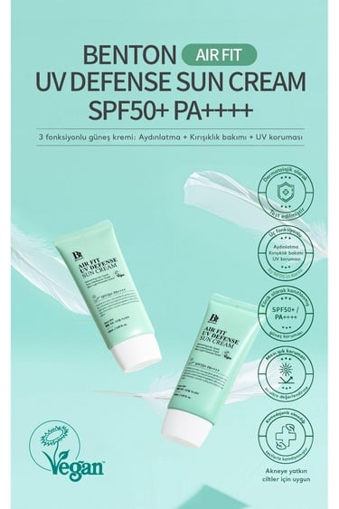  Benton Air Fit UV Defense Sun Cream SPF50+ PA++++ 50ml - Güçlü UV & Mavi Işık Yüksek Korumalı Nemlendirici Vegan Cica Güneş Kremi