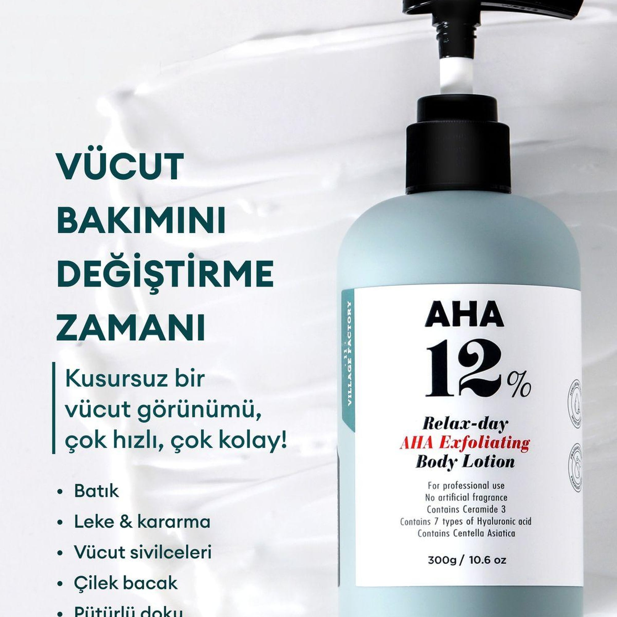 Village 11 Factory Relax Day Aha Exfoliating Body Lotion 300ml - Batık Akne Leke & Kararma Karşıtı Arındırıcı Glikolik Asit Vücut Peeling Losyonu