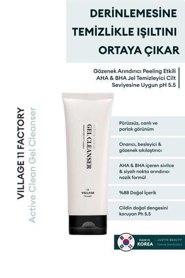  Village 11 Factory Active Clean Gel Cleanser 100ml – Gözenek Arındırıcı Peeling Etkili AHA & BHA Jel Temizleyici Cilt Seviyesine Uygun pH 5.5