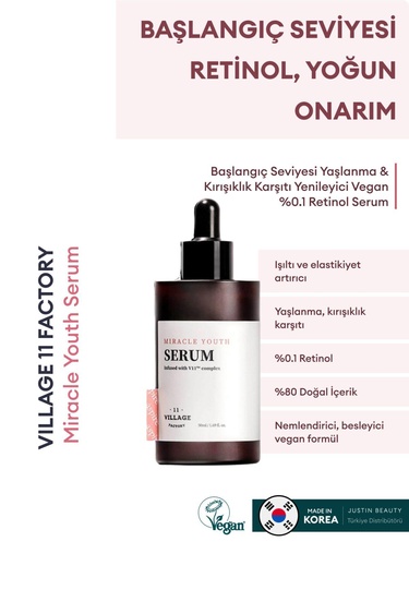  Village 11 Factory Miracle Youth Serum 50ml – Başlangıç Seviyesi Yaşlanma & Kırışıklık Karşıtı Yenileyici Vegan %0.1 Retinol Serum