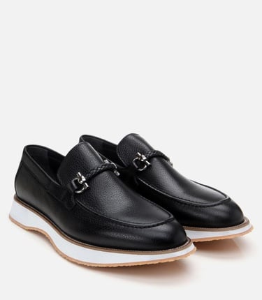  Erkek Deri Siyah Spor Tabanlı Klasik Loafer