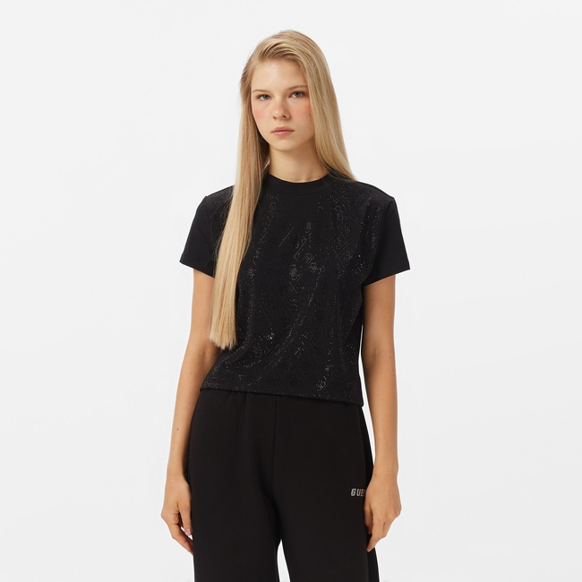  Guess Mock Slim Fit Kadın Siyah T-Shirt