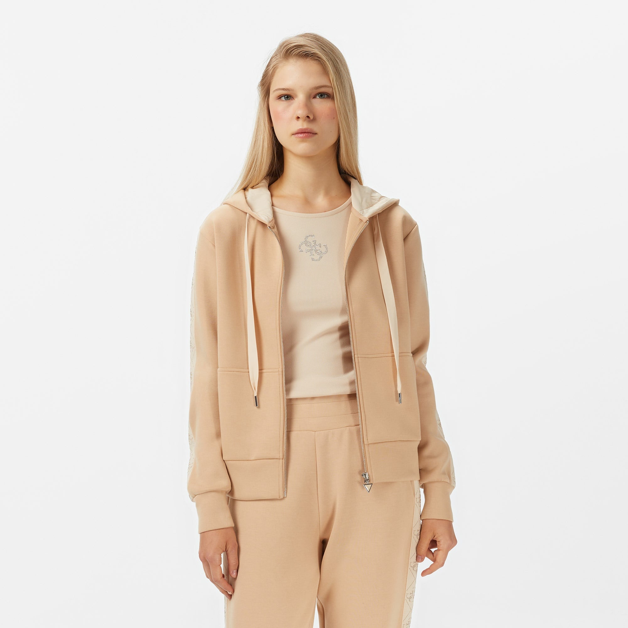 Guess New Hooded Scuba Kadın Bej Hoodie