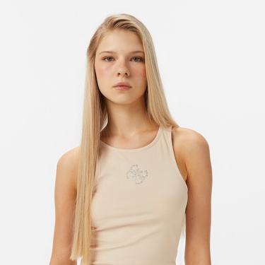  Guess New Round Kadın Krem Rengi Kolsuz T-Shirt