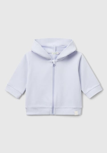  Bebek Açık Mavi Logo Etiketli Fermuarlı Kulaklı Kapüşonlu Sweatshirt