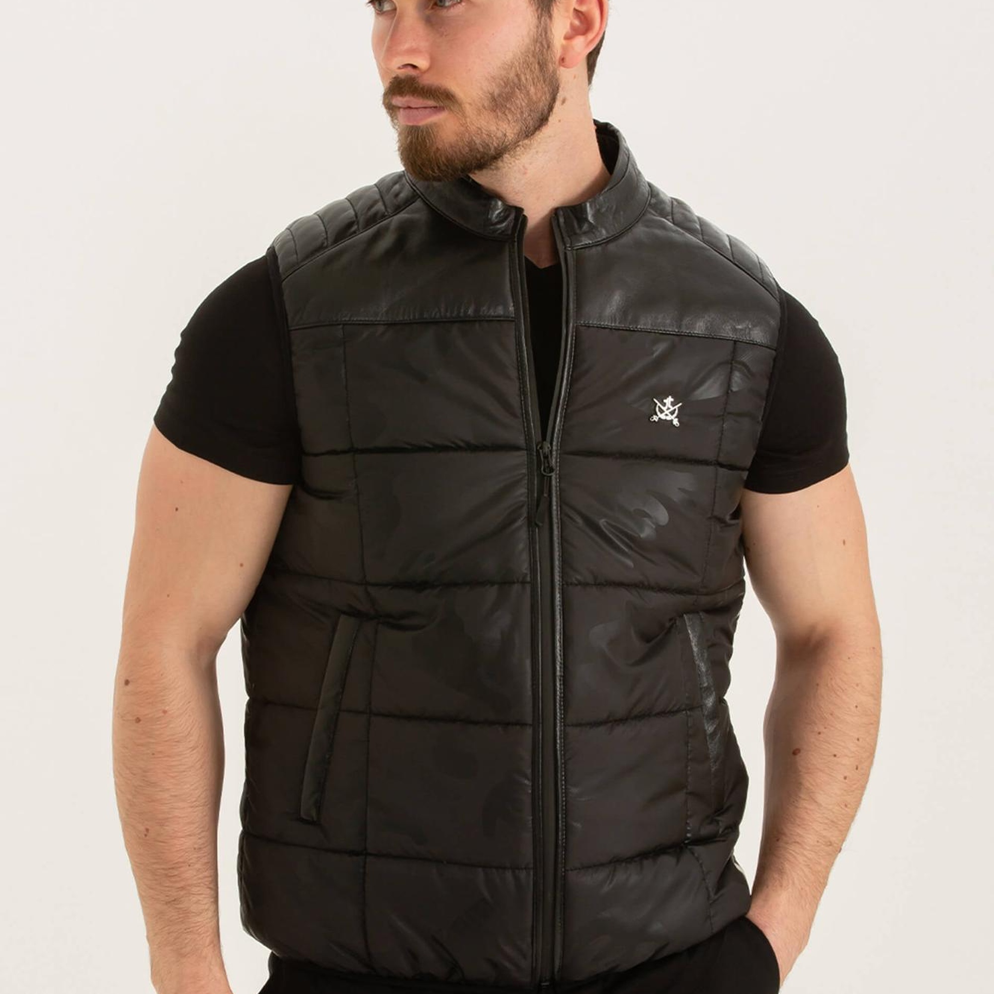 Tamer Tanca Erkek Tekstil Deri Siyah Yelek Deri Mont