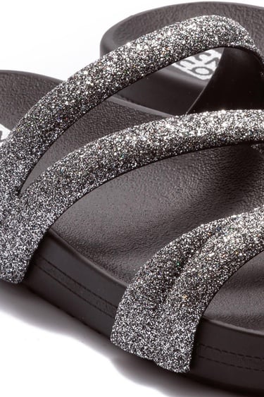 Glitter Tam Ad Kadın Terlik Gri Siyah 35/42