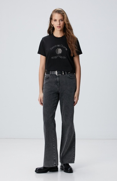  Network Kadın Siyah Taş İşlemeli T-shirt