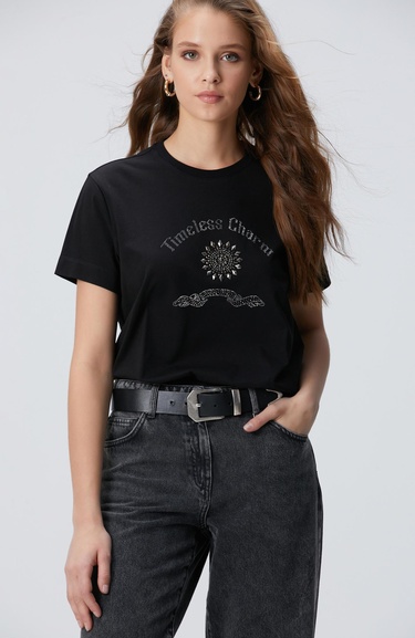  Network Kadın Siyah Taş İşlemeli T-shirt