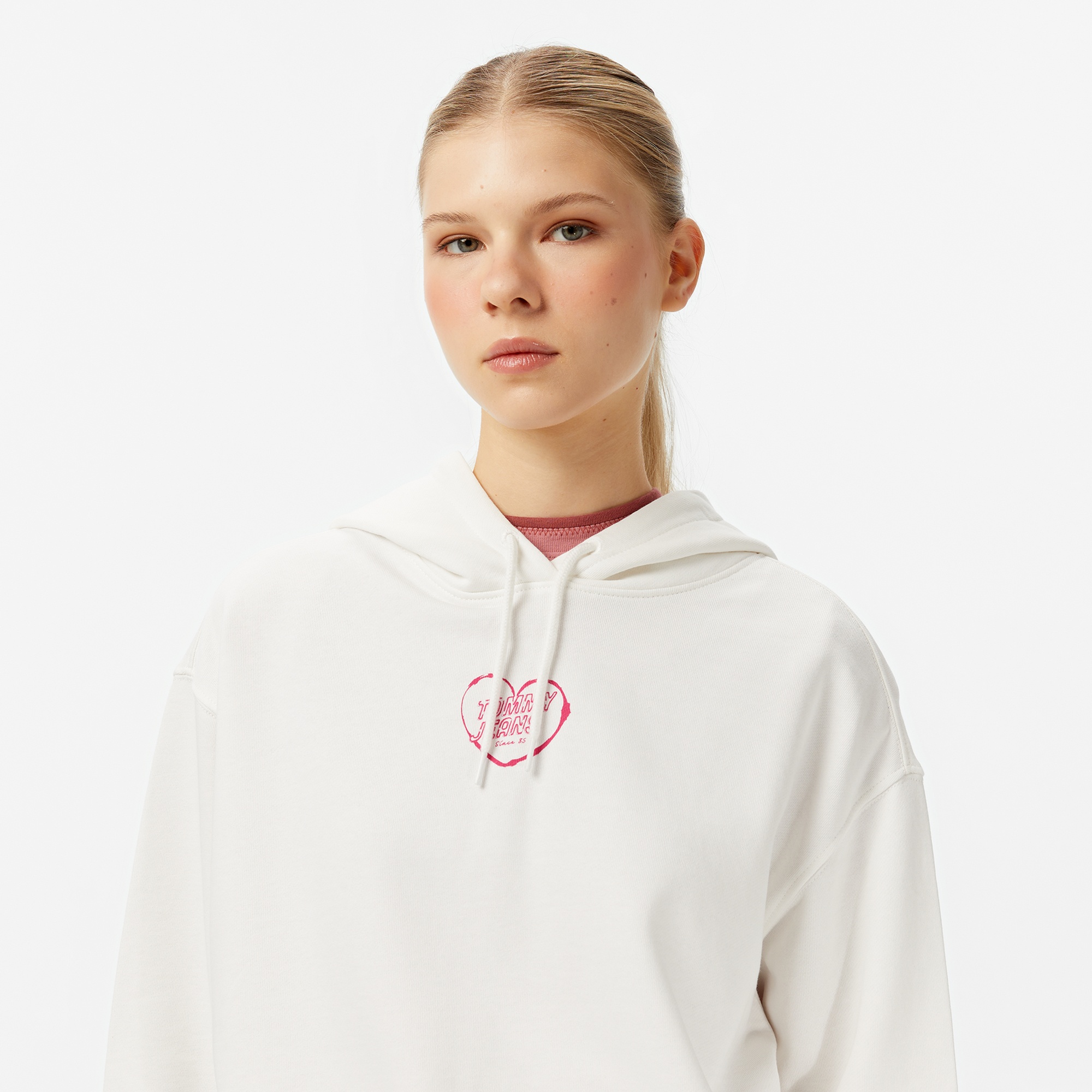 Tommy Jeans Relax Crop Heart Kadın Beyaz Hoodie
