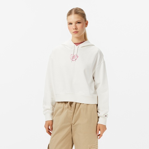  Tommy Jeans Crop Heart Slim Kadın Beyaz Sweatshirt