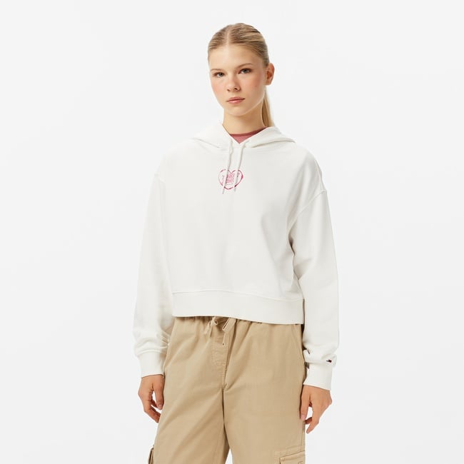  Tommy Jeans Crop Heart Slim Kadın Beyaz Sweatshirt