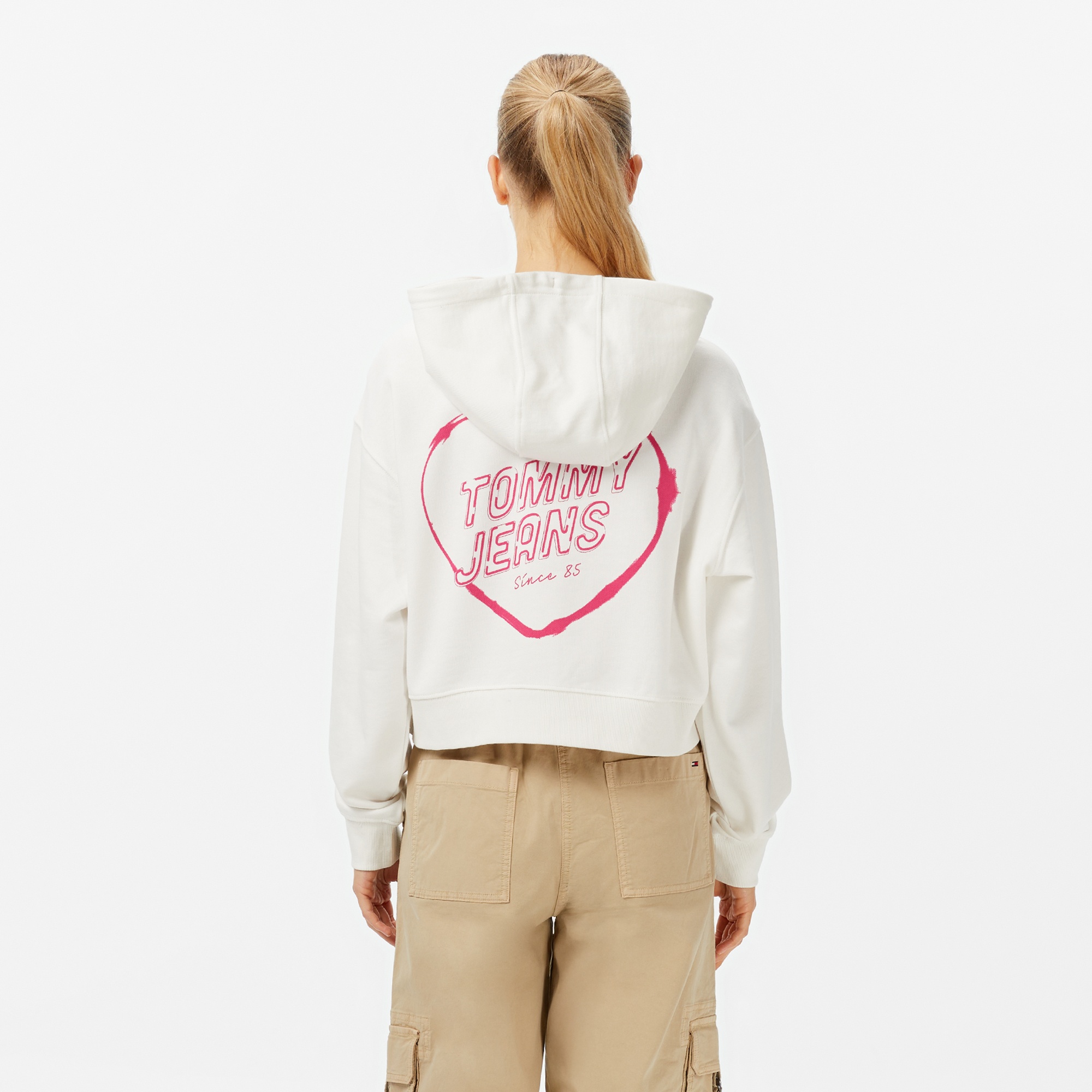 Tommy Jeans Relax Crop Heart Kadın Beyaz Hoodie