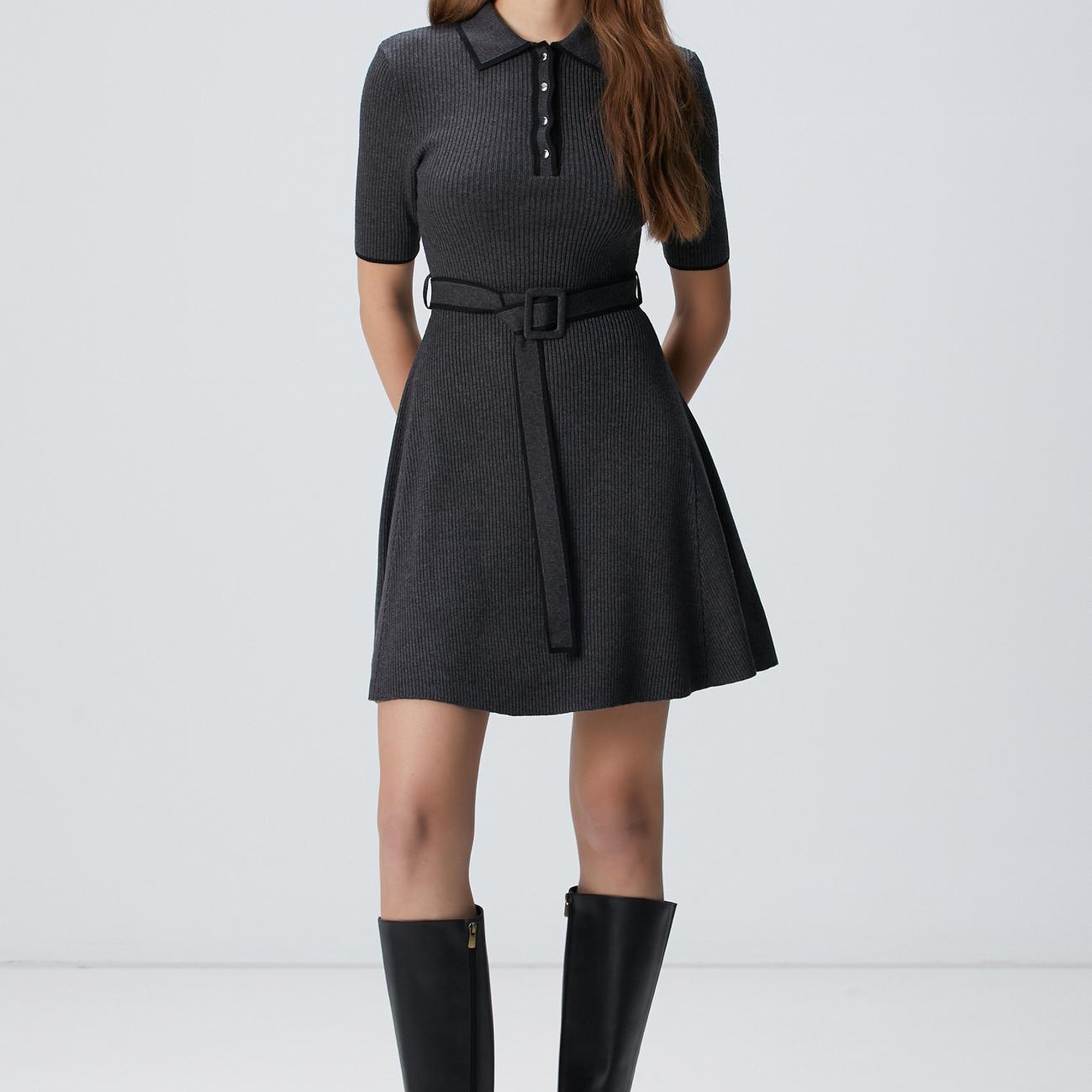 Network Kadın Antrasit Evaze Form Mini Triko Elbise