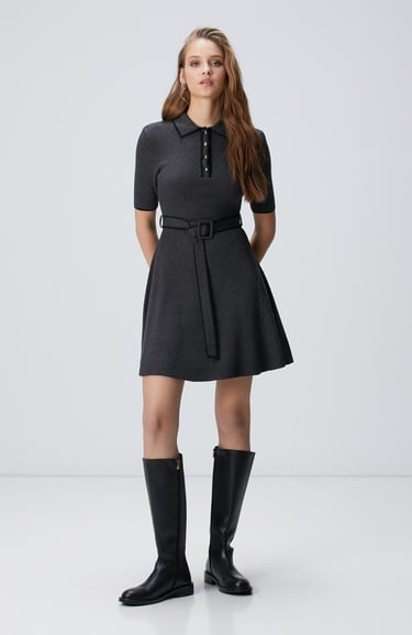  Network Kadın Antrasit Evaze Form Mini Triko Elbise