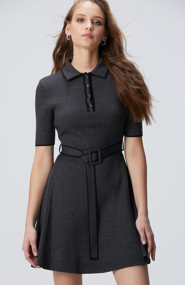  Network Kadın Antrasit Evaze Form Mini Triko Elbise