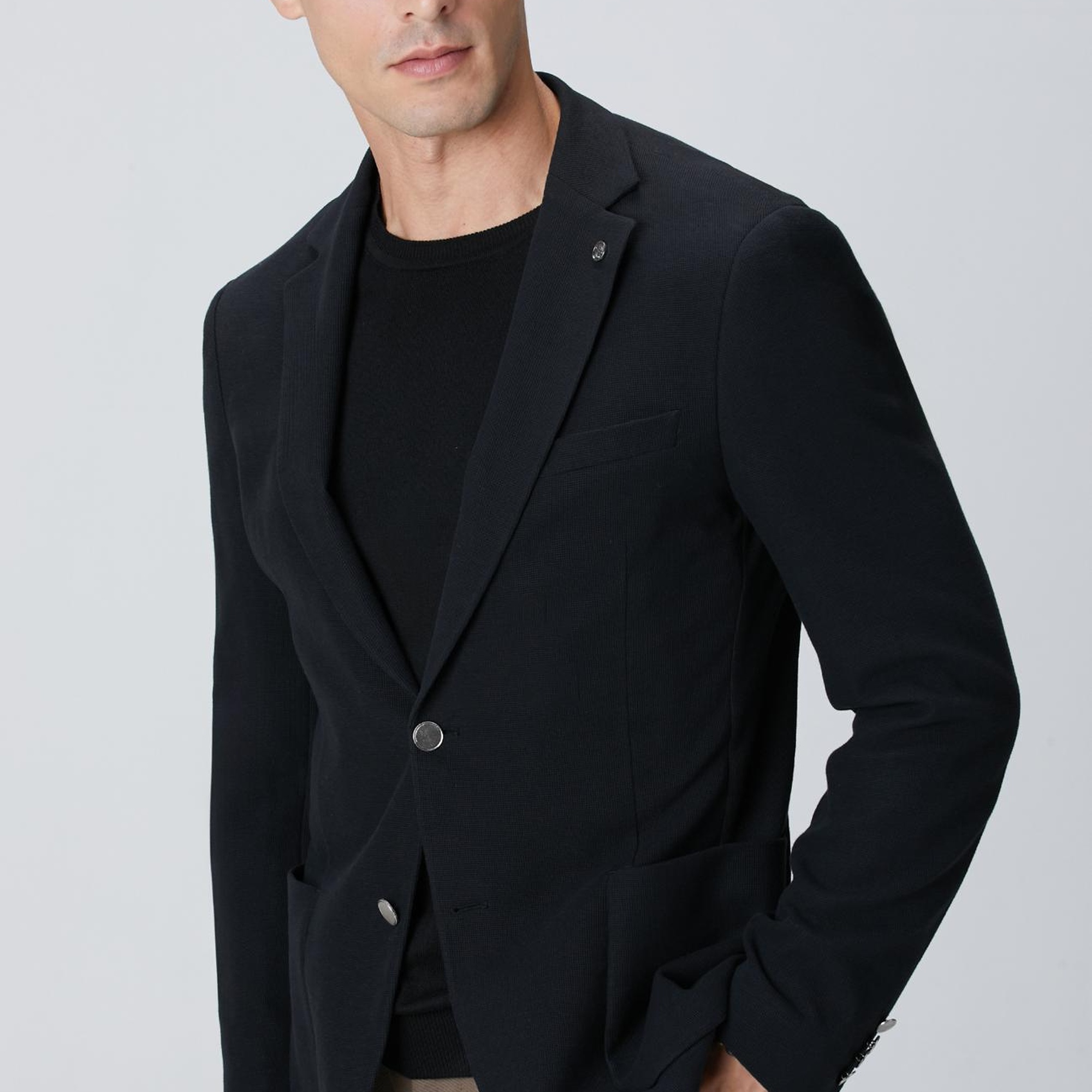 Network Erkek Siyah Mona Yaka Metal Düğmeli Örme Blazer Ceket