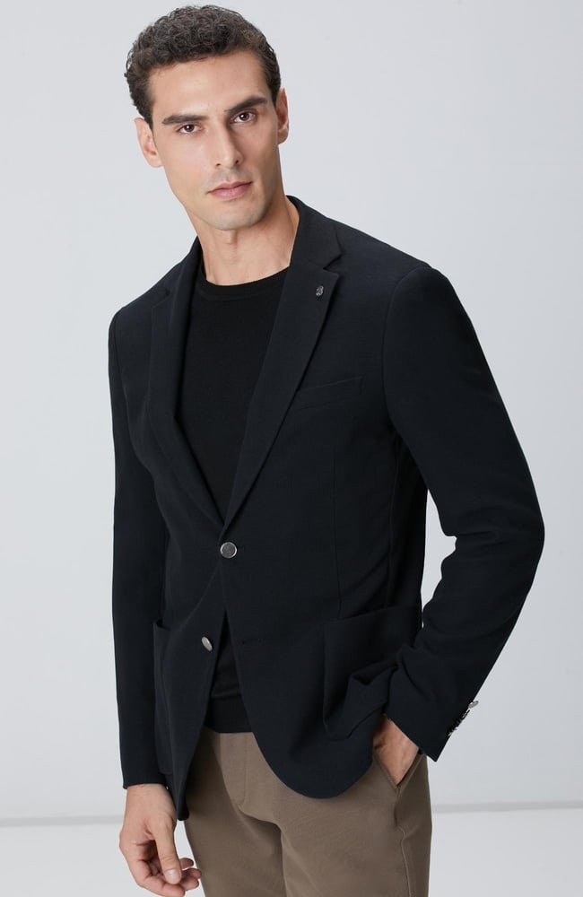  Network Erkek Siyah Mona Yaka Metal Düğmeli Örme Blazer Ceket