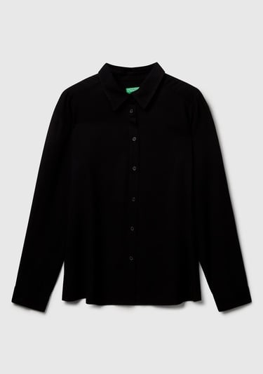  Kadın Siyah %100 Viskoz Düğmeli Gömlek