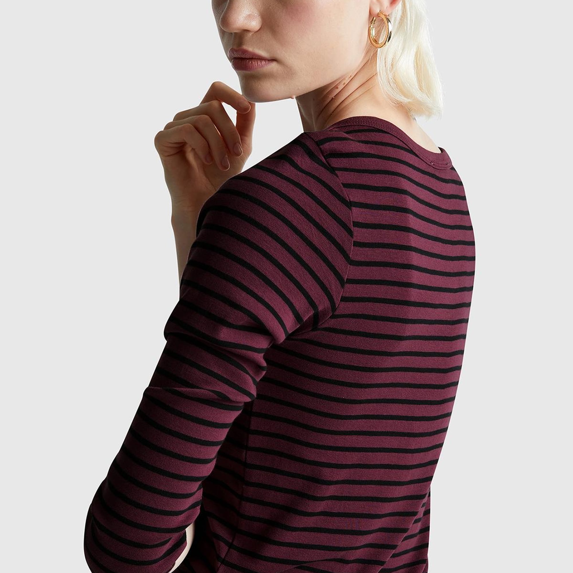 Kadın Mor %100 Pamuk Çizgili Logolu Kayık Yaka Truvakar Kol T-Shirt