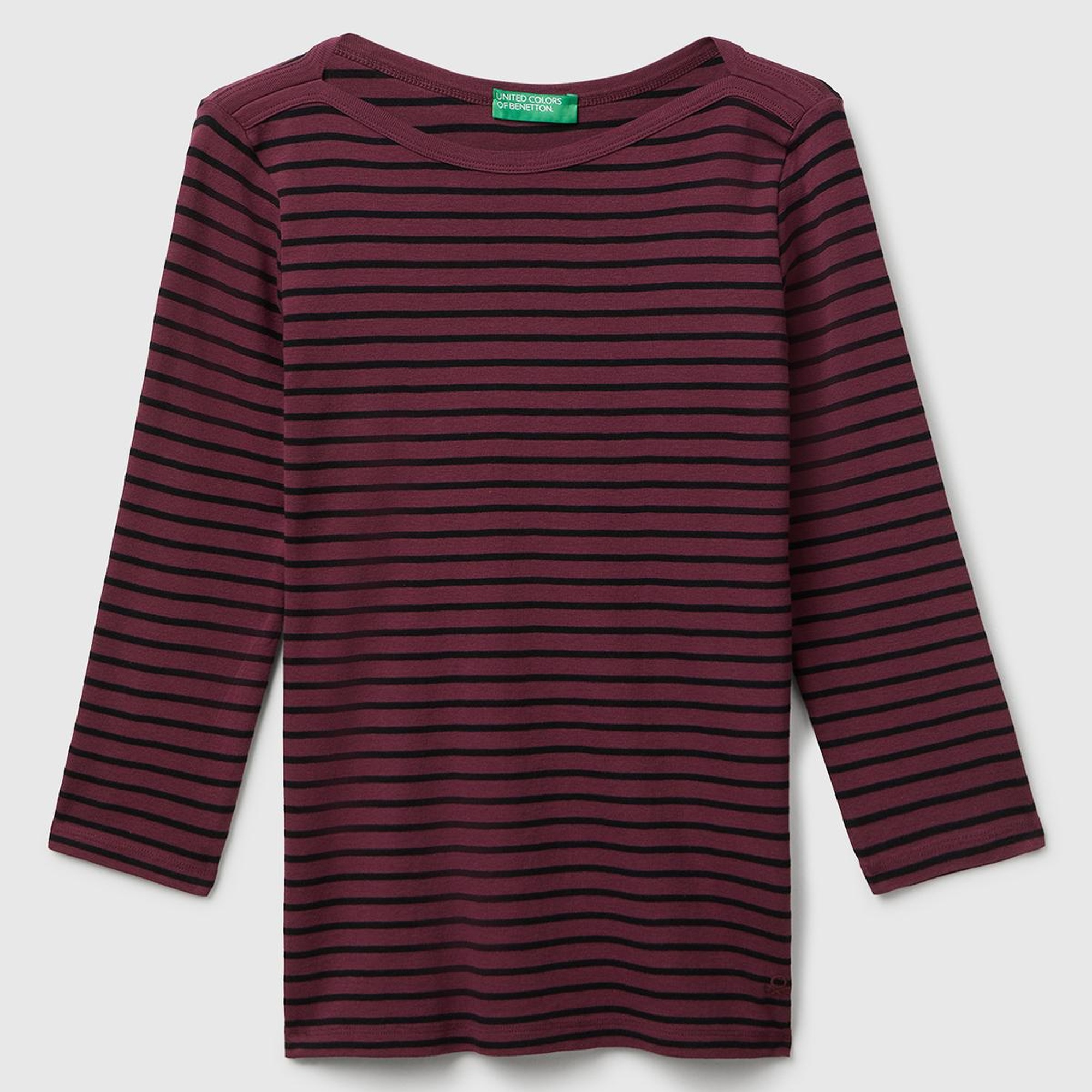 Kadın Mor %100 Pamuk Çizgili Logolu Kayık Yaka Truvakar Kol T-Shirt