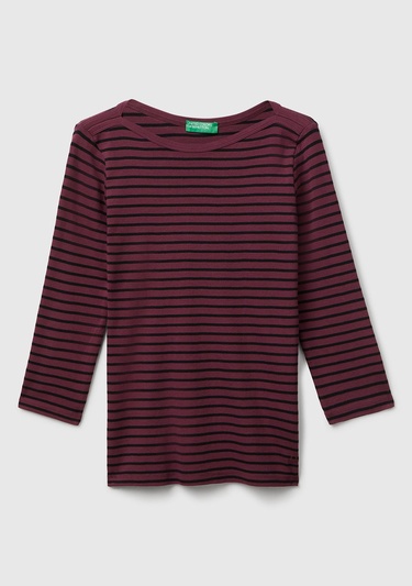  Kadın Mor %100 Pamuk Çizgili Logolu Kayık Yaka Truvakar Kol T-Shirt