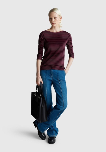  Kadın Mor %100 Pamuk Çizgili Logolu Kayık Yaka Truvakar Kol T-Shirt