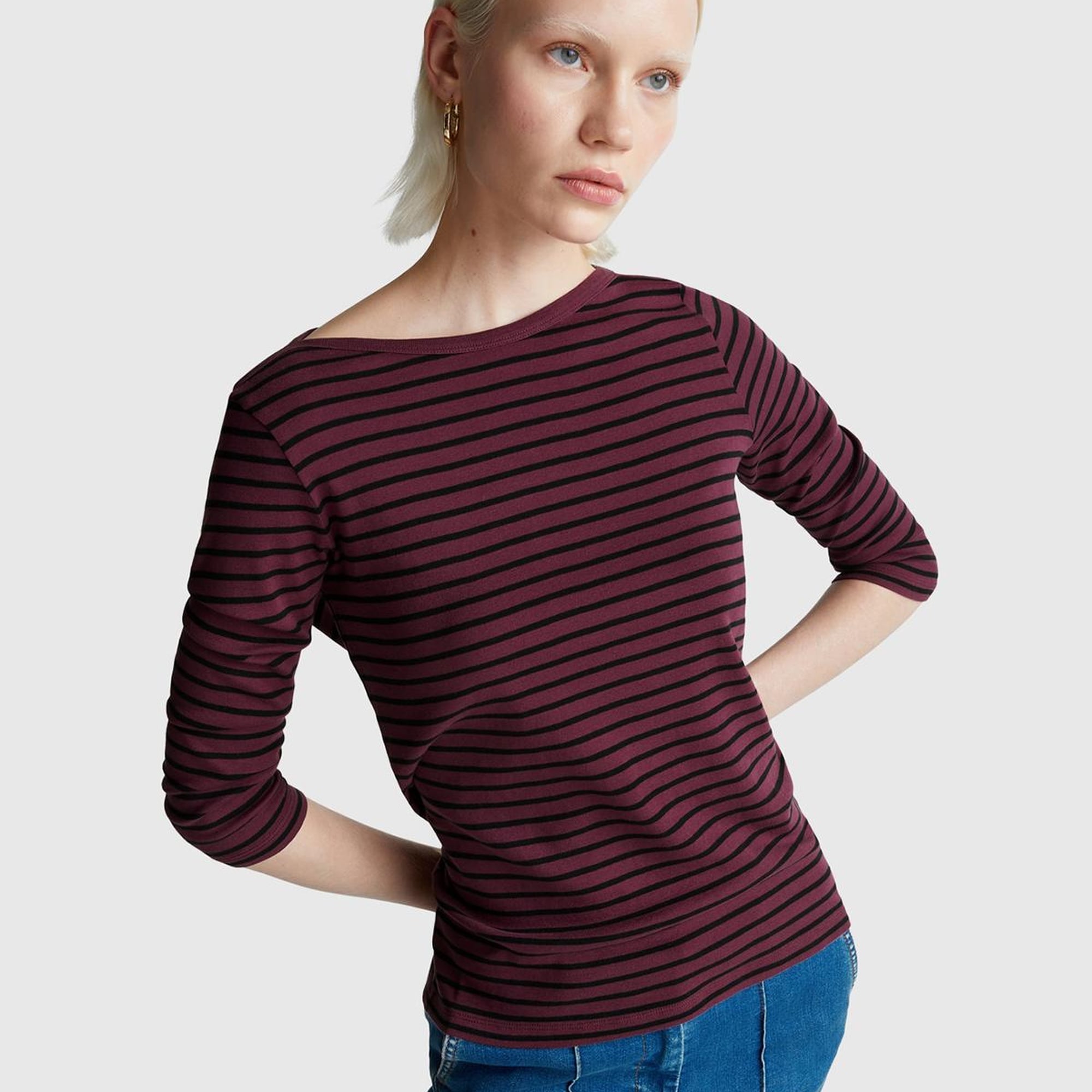 Kadın Mor %100 Pamuk Çizgili Logolu Kayık Yaka Truvakar Kol T-Shirt