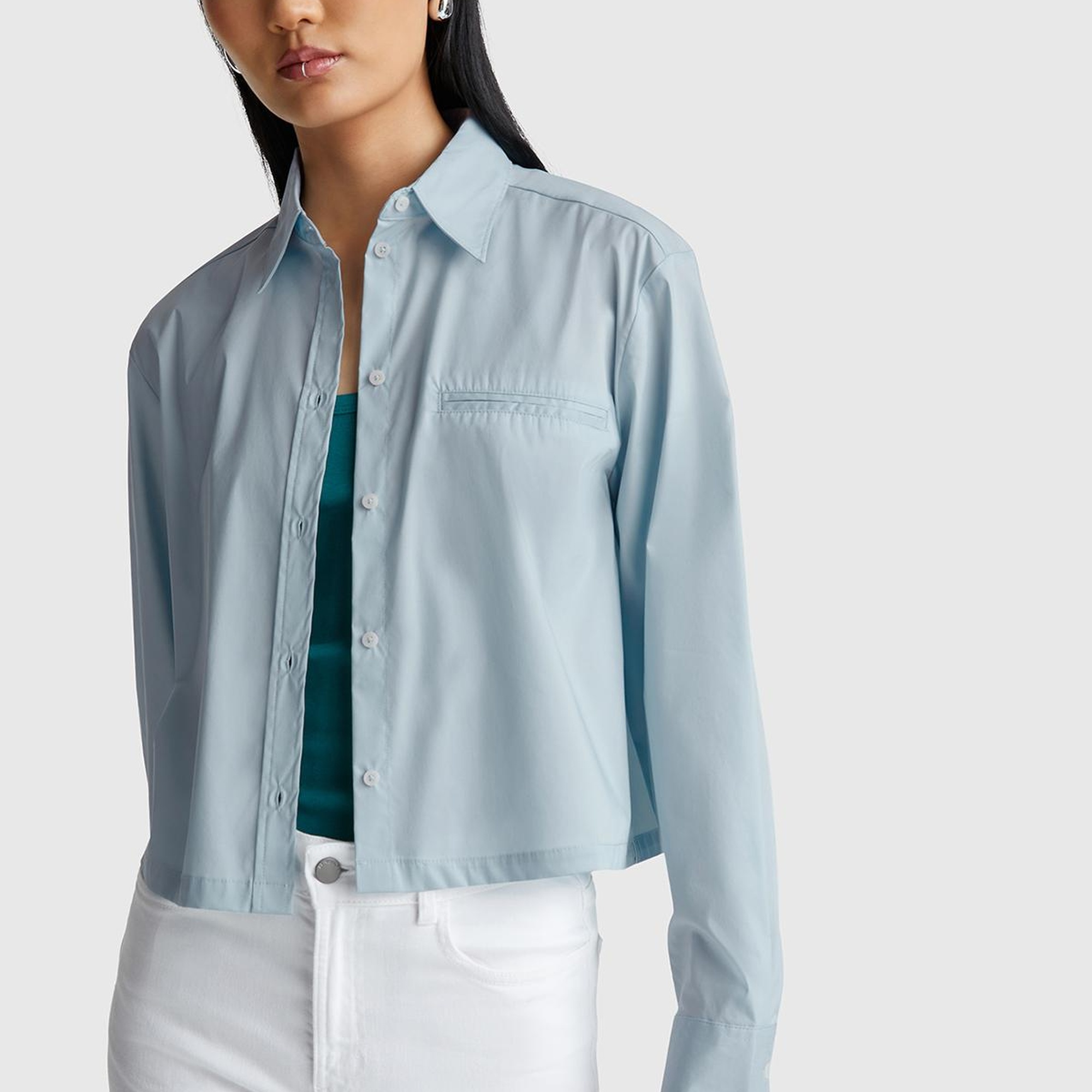 Kadın Açık Mavi Pamuk Karışımlı Streç Poplin Gömlek