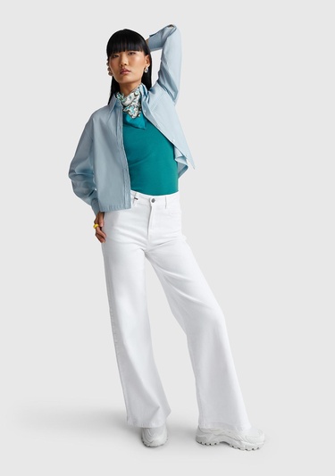  Kadın Açık Mavi Pamuk Karışımlı Streç Poplin Gömlek