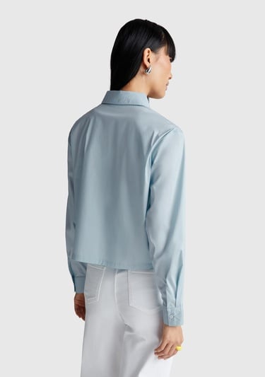  Kadın Açık Mavi Pamuk Karışımlı Streç Poplin Gömlek