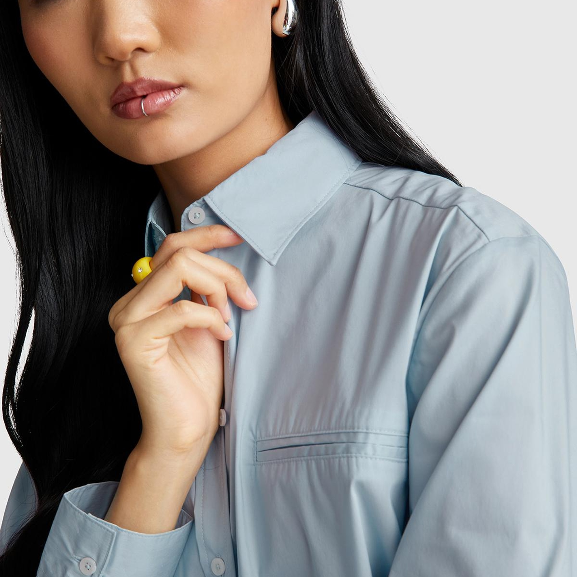 Kadın Açık Mavi Pamuk Karışımlı Streç Poplin Gömlek