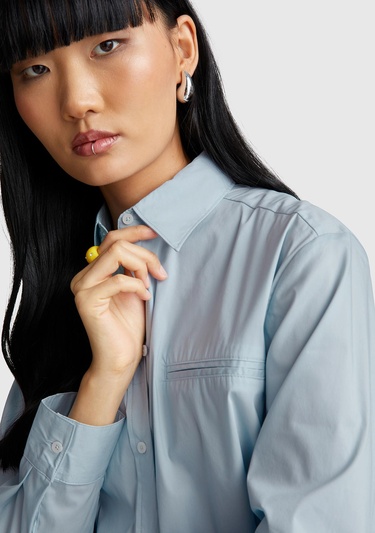  Kadın Açık Mavi Pamuk Karışımlı Streç Poplin Gömlek