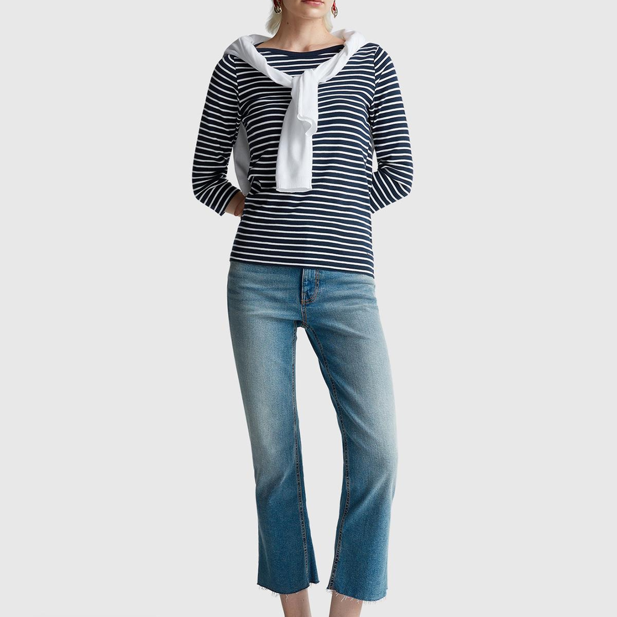 Kadın Lacivert %100 Pamuk Çizgili Logolu Kayık Yaka Truvakar Kol T-Shirt