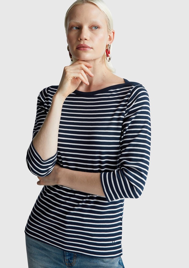  Kadın Lacivert %100 Pamuk Çizgili Logolu Kayık Yaka Truvakar Kol T-Shirt