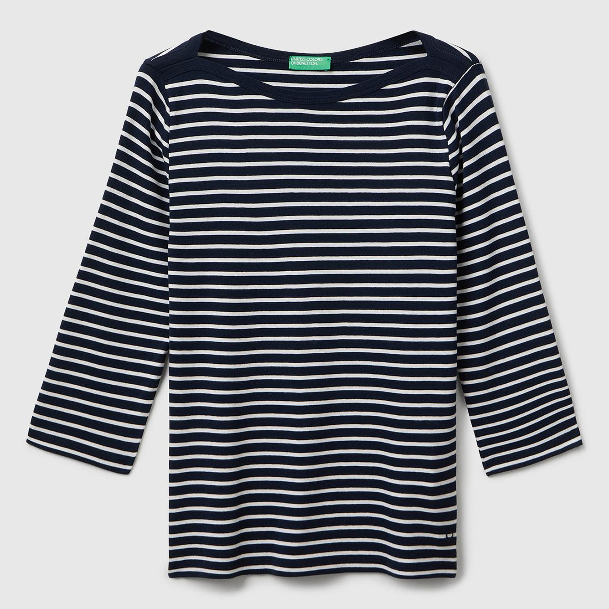 Kadın Lacivert %100 Pamuk Çizgili Logolu Kayık Yaka Truvakar Kol T-Shirt