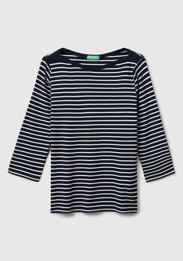  Kadın Lacivert %100 Pamuk Çizgili Logolu Kayık Yaka Truvakar Kol T-Shirt