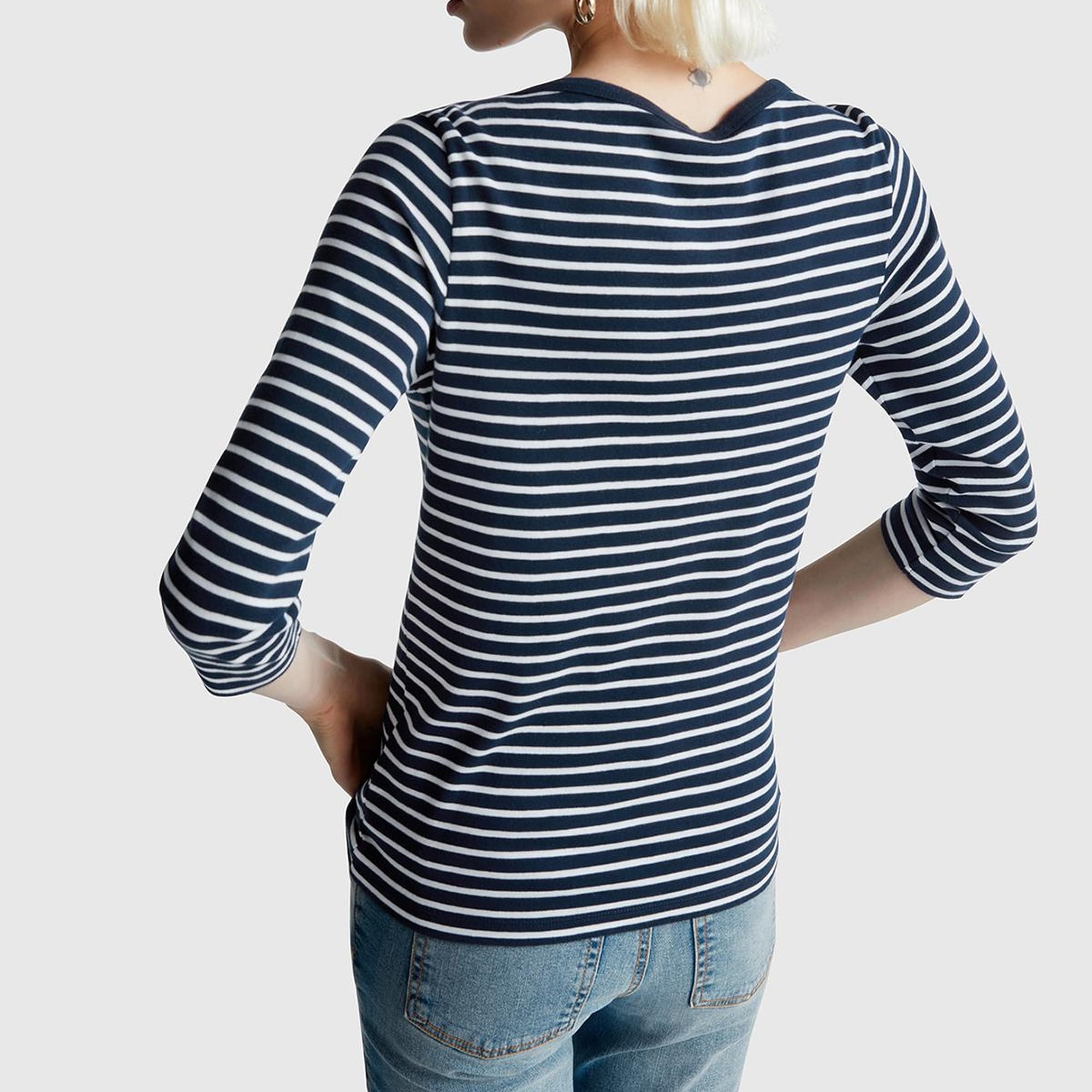 Kadın Lacivert %100 Pamuk Çizgili Logolu Kayık Yaka Truvakar Kol T-Shirt