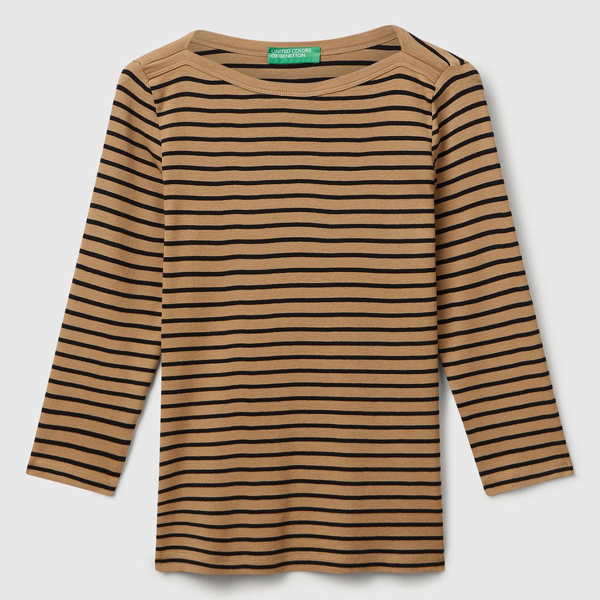 Kadın Kahverengi  %100 Pamuk Çizgili Logolu Kayık Yaka Truvakar Kol T-Shirt