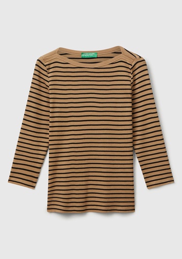  Kadın Kahverengi  %100 Pamuk Çizgili Logolu Kayık Yaka Truvakar Kol T-Shirt