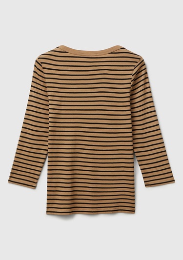  Kadın Kahverengi  %100 Pamuk Çizgili Logolu Kayık Yaka Truvakar Kol T-Shirt