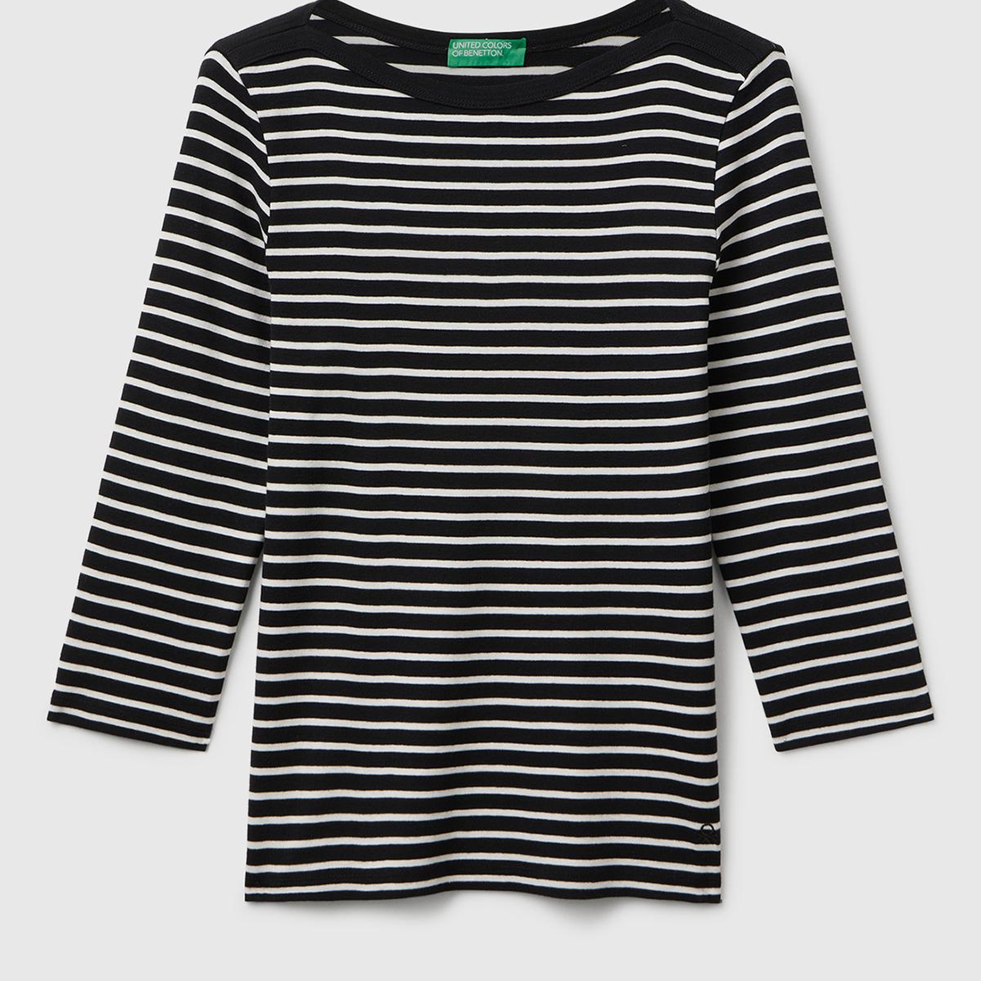 Kadın Sİyah %100 Pamuk Çizgili Logolu Kayık Yaka Truvakar Kol T-Shirt